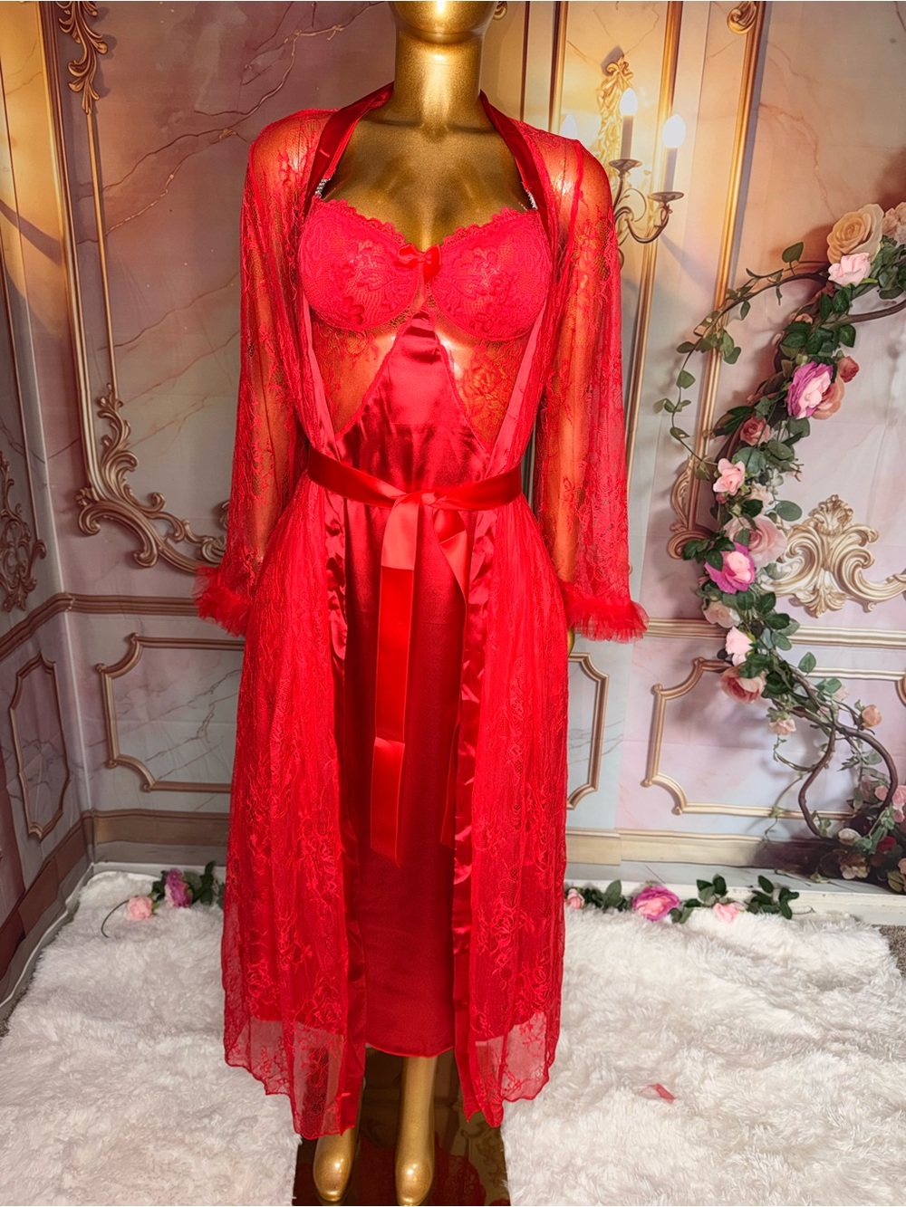 Luxury Red Satin Gown & Sheer Lace Robe 2-Piece Set